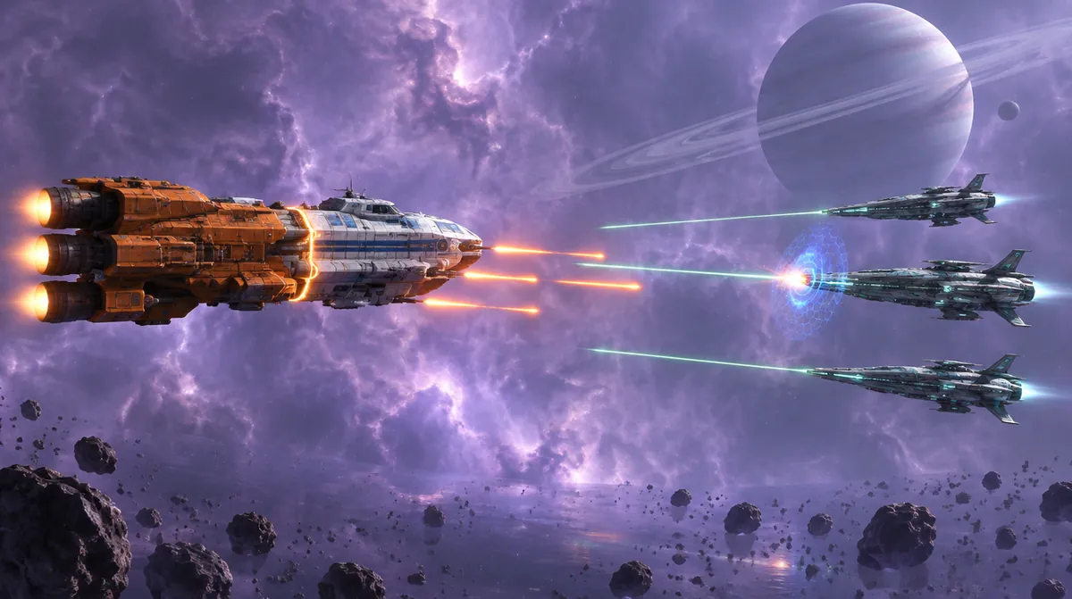 Hullsong menembakkan plasma jingga dari sisi kiri, tiga kapal patroli perak kehijauan membalas dengan sinar hijau pucat di depan nebula ungu.