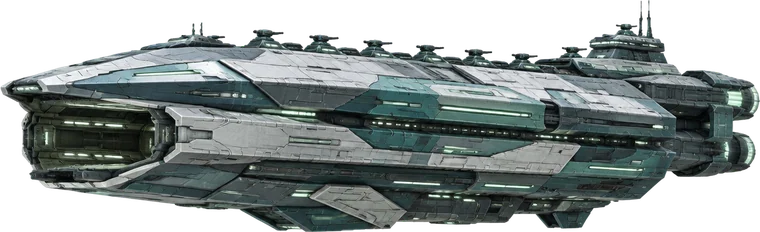 Concord Bulwark, kapal penjelajah berat berbentuk baji dengan lapisan zirah dan deretan meriam kecil.