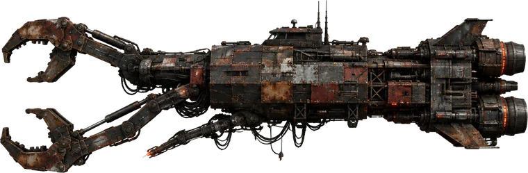 Scrapjaw Raider, kapal perampas hitam berkarat dengan dua capit hidrolik raksasa di depan.